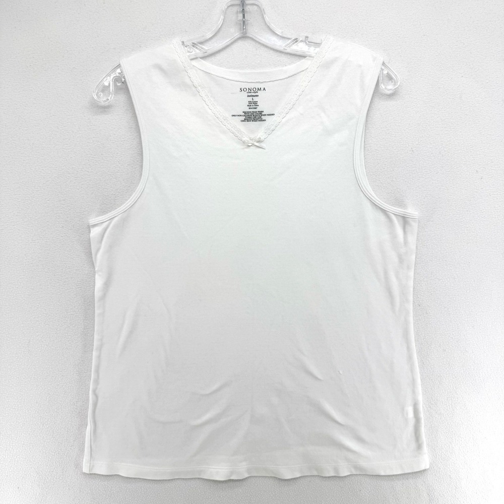 Sonoma Tank Top Womens Large White Lace Trim V-Neck Bow Cami Sleeveless Ribbed